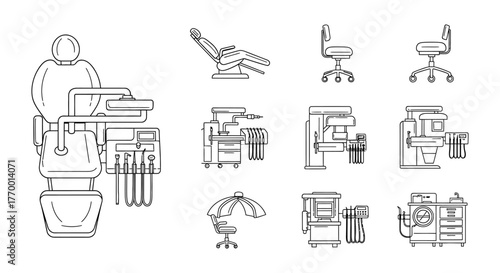 dental equipment outline icons set depicting various patient chairs operator stools and clinical tools for modern dentistry.