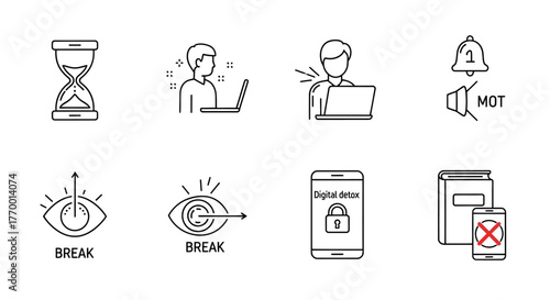 digital detox and screen time management icons illustrating work-life balance productivity and mental health for modern digital well-being.