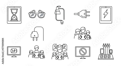 digital lifestyle icon set illustrating screen time device charging family tech use and digital detox ideal for tech and wellbeing design.