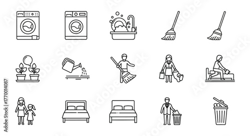 domestic daily routine clean line icons illustrating household chores and home management tasks for lifestyle apps web and cleaning services.