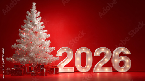 Elegant Christmas Tree with Glowing 2026 Numbers on Red Festive Background