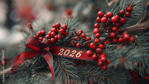 Pine Branches and Red Ribbons Framing 2026 Text on Festive Christmas Background