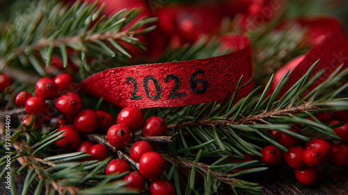 Pine Branches and Red Ribbons Framing 2026 Text on Festive Christmas Background