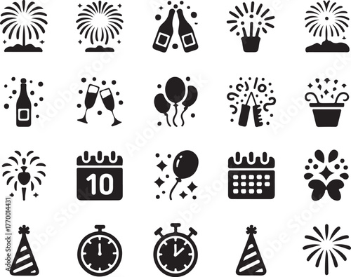 New Year Party Silhouette Vector Bundle | Celebration Icons | Fireworks, Champagne, Clock Vector