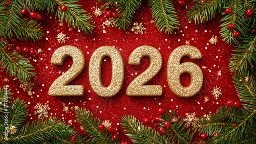 Red and Gold Festive Christmas Background with Pine Branches and 2026 Numbers