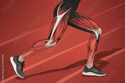Close-up angled view of a sprinter's powerfully defined leg muscles, showcasing athletic training and peak human performance.