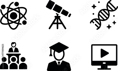 Set of six black and white icons representing education science technology and learning concepts vector