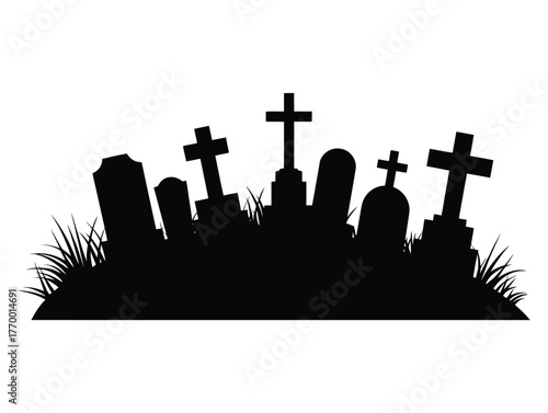 Silhouette of a spooky graveyard with tombstones and crosses against a white background