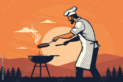 Skilled barbecue chef expertly flips sizzling steak on a smoky outdoor grill, golden hour sunset light, culinary master, outdoor cooking, grilled meat perfection.