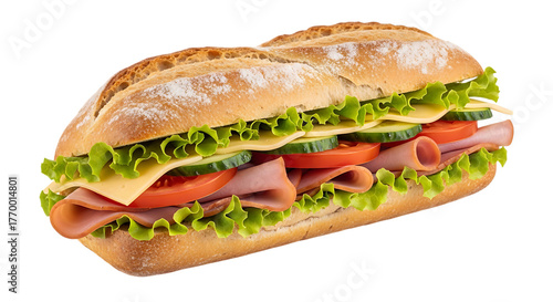 Long sandwich with ham cheese lettuce tomato and cucumber on a crusty bread roll isolated on a transparent background