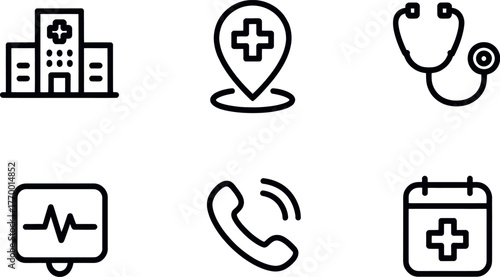 Set of six simple medical and healthcare icons representing hospital building clinic location stethoscope ecg and calendar vector