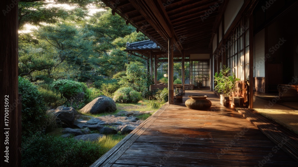 Fototapeta premium Tranquil Japanese Zen Garden View From Wooden Porch with Lush Greenery and Natural Light Illuminating Calm Atmosphere in Serene Rural Setting