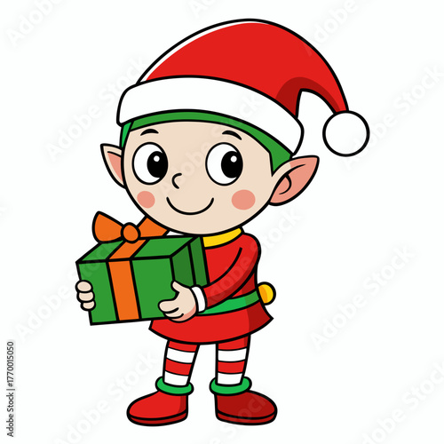 Cute christmas elf holding a green gift box with orange ribbon