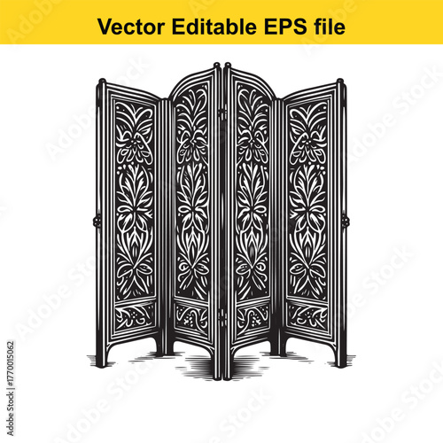 Vector illustration of a vintage fourpanel folding screen with ornate floral patterns