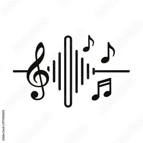 Musical notes and sound wave in modern flat design style  