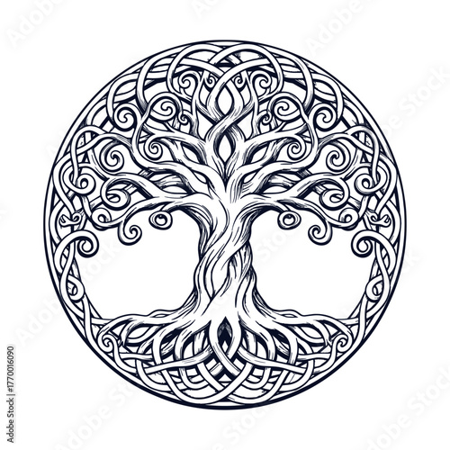 Celtic Tree of Life Symbol – Sacred Knotwork Yggdrasil Design for Tattoos, Spiritual Art, and Pagan Decor, vector illustration.