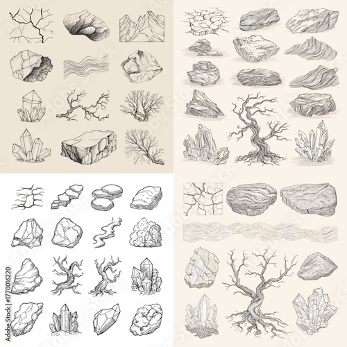 Vintage hand-drawn collection of rocks, crystals, and dry trees. Natural mineral and geology sketch set for science, nature, or fantasy environment design.