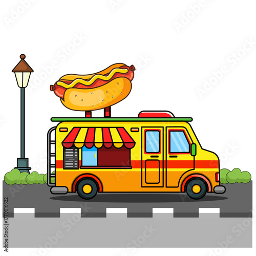 Icon Hot Dog Food Truck on a Street Vector Illustration Cartoon Isolated Design