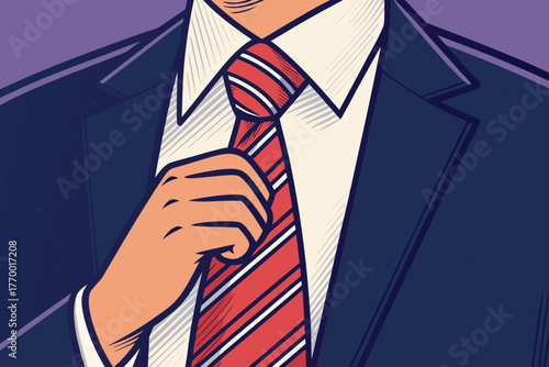 Close up focus on a dark silk tie with a single thread loosening, symbolizing stress, unraveling career, financial worry, and professional breakdown.