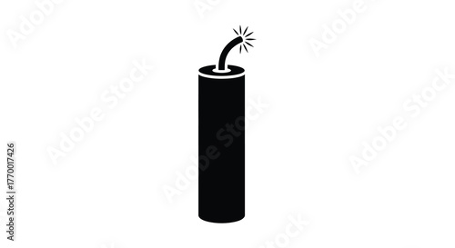 A simple black silhouette of a lit dynamite stick with a burning fuse and sparks isolated on a white background representing danger and explosion silhouette