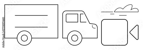 Delivery truck with a camera icon, cloud, and motion lines implying logistics, transport, video recording, streaming, technology, surveillance, shipping and digital monitoring in simple flat