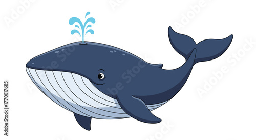 A cute cartoon blue whale with water spouting from its blowhole is swimming.
