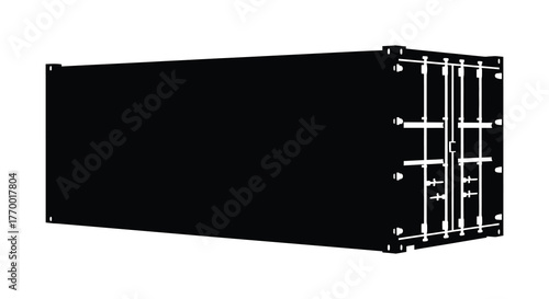 A stark black silhouette of a standard shipping container viewed from an angled perspective with detailed hardware and doors silhouette