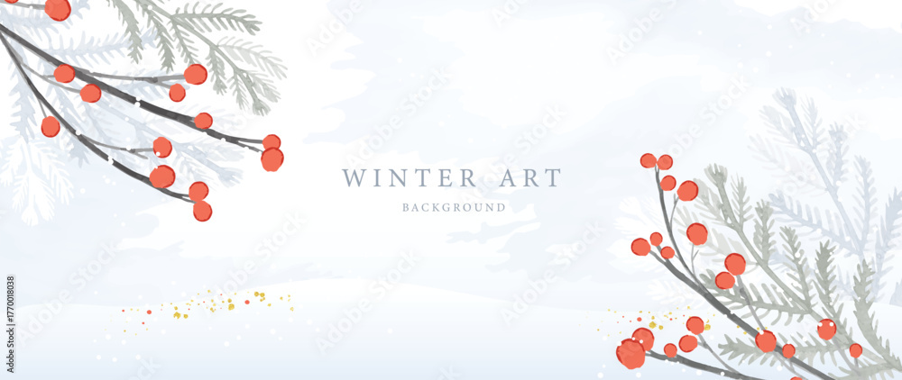 Fototapeta premium Winter art vector background with red berry branches and soft snow field, delicate seasonal frame for greeting cards and invitations