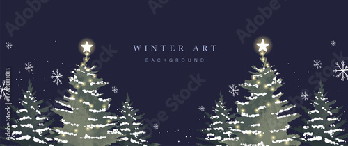 Night winter forest vector illustration with glowing Christmas trees under starry sky, magical scene for New Year cards and wallpapers