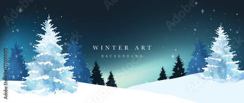 Bright winter landscape vector background with moonlit snowy hills and pine trees, tranquil seasonal artwork for prints and web