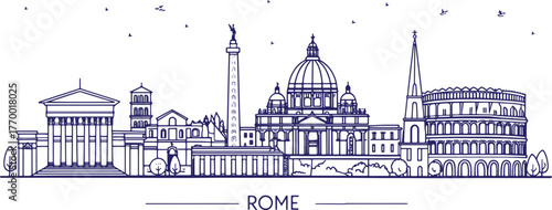 Rome Skyline Sketch with Cultural Touch for Tourism Use | Hand Drawn Cityscape Featuring Colosseum, St. Peter’s Basilica, Pantheon, Trevi Fountain, Roman Forum | Perfect for Travel Poster or Wall Art