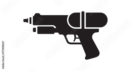 A black silhouette of a futuristic handgun with a cylindrical attachment on top isolated on a white background silhouette