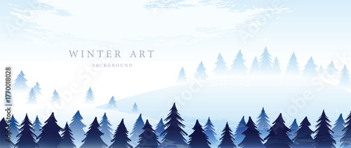 Layered pine forest vector background in misty winter tones with snowfall, versatile seasonal backdrop for print and digital
