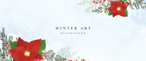 Poinsettia corner vector background with winter foliage and light snow, warm holiday frame for greeting cards and flyers
