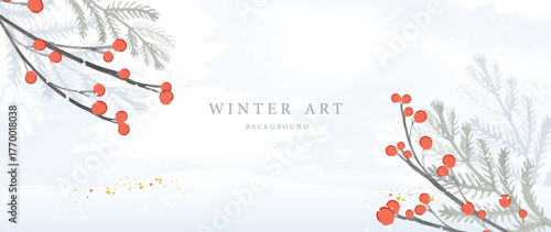 Winter art vector background with red berry branches and soft snow field, delicate seasonal frame for greeting cards and invitations
