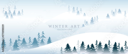 Snowy valley vector background with distant hills and pine forest, clean winter scene for holiday cards and web banners