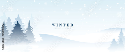 Icy winter forest vector background with frozen blue tones, pine tree silhouettes and gentle snowfall, ideal for seasonal cards, banners and wallpapers