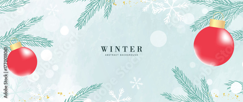 Winter vector background with red berries on frosty branches and snowy hills, elegant holiday scene for invitations, posters and cards