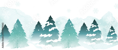Icy winter forest vector background with frozen blue tones, pine tree silhouettes and gentle snowfall, ideal for seasonal cards, banners and wallpapers