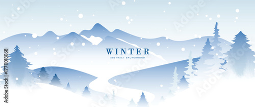 Icy winter forest vector background with frozen blue tones, pine tree silhouettes and gentle snowfall, ideal for seasonal cards, banners and wallpapers