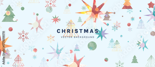 Colorful Christmas vector background with abstract star bursts, confetti and playful icons, lively holiday backdrop for web banners