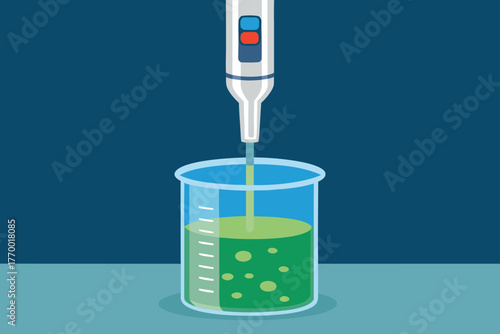 Macro shot of precise digital pH meter probe submerged in nutrient solution, testing water quality for hydroponics, agriculture, science lab.