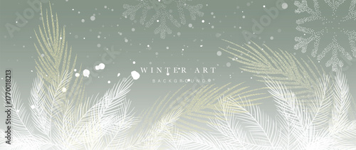 Muted pine needle vector background with light snowfall and mist, minimal winter design for elegant greeting cards