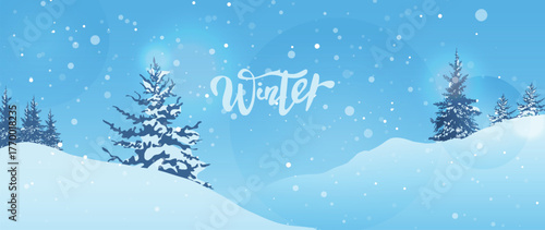 Snowy hillside vector background with blue sky and drifting flakes, cheerful winter scene for posters and digital wallpapers