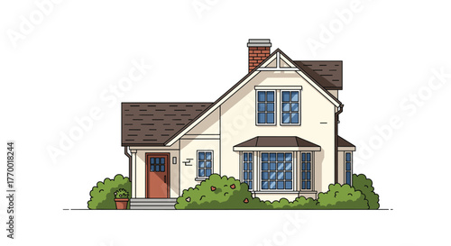 A charming two-story suburban house illustration featuring a pitched roof, bay window, and green bushes, rendered in a simple line art style.