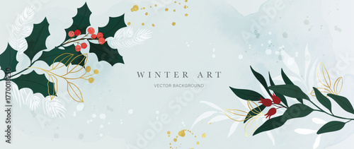 Winter floral vector background with holly leaves, berries and soft snow, refined seasonal frame for invitations and greeting cards