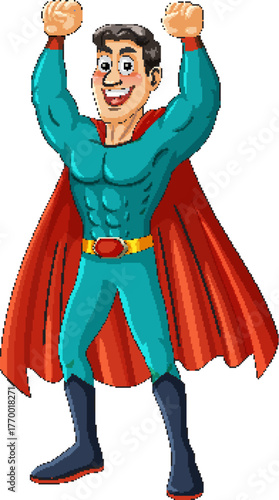 Smiling Cartoon Superhero Raising Fists in Victory Pose