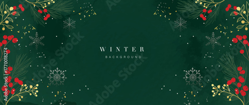 Deep green winter vector background with holly, mistletoe and delicate ornaments, classy festive frame for invitations and stationery