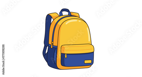 A cheerful cartoon illustration of a yellow and blue school backpack with multiple compartments and sturdy straps, ready for adventure.