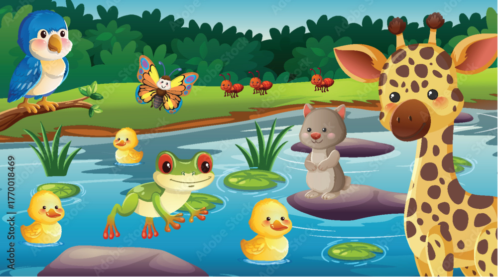Fototapeta premium Cartoon Jungle Animals Gather by Riverbank in Daylight